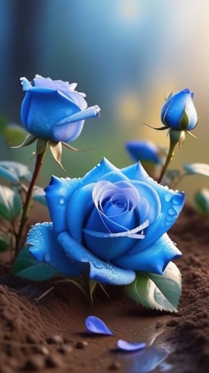 blue blooming roses growing from the soil,delicate and voluptuous covered by dew in soft brigh light,(falling petals),(blur background),and the petals formed a lovely heart on the ground,
photorealistic

