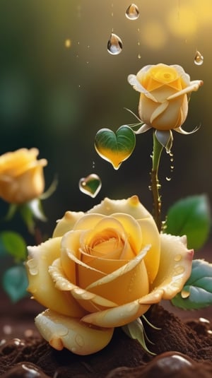 yellow blooming roses grows from the soil,vibrant and dripping with dew in brigh light,(falling petals),(blur background),and the petals formed a lovely heart on the ground,
photorealistic

