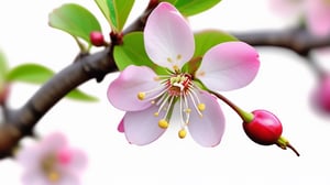 tender crabapple flower and buds,
very closeup, a cherry tree branch with flowers, flat white background, sharp focus, colorful, high contrast, detailed flower petals, fresh green leaves, soft natural lighting, delicate and intricate branches, vibrant and saturated colors, high resolution, realistic, fine textures, exquisite details, realistic 3D rendering, artistic composition, bokeh effect, masterfully captured, visually captivating, visually stunning,macro detail beautiful 

realistic,photo_(medium),photorealistic

