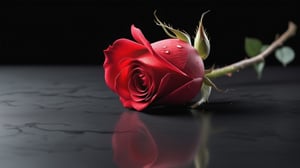 blank pure lightblack backround with one  red blooming rose,beautiful and lustful,the petals are falling on the ground,with a thin root system,
photorealistic，

