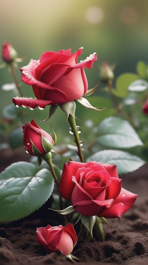 red roses and buds with two larger leaves growing from the soil,delicate and voluptuous covered by dew in soft brigh light,(falling petals),(blur background),and the petals formed a lovely heart on the ground,

realistic,photo_(medium),photorealistic

