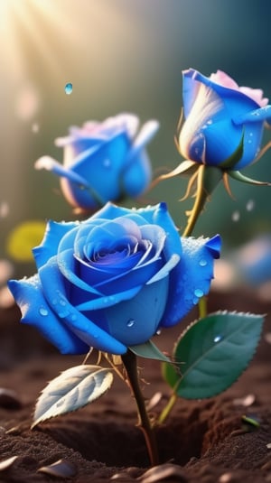 blue blooming roses growing from the soil,delicate and voluptuous covered by dew in soft brigh light,(falling petals),(blur background),and the petals formed a lovely heart on the ground,
photorealistic

