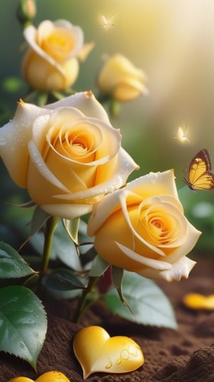 yellow blooming roses growing from the soil,delicate and voluptuous covered by dew in soft brigh light,(falling petals),(blur background),and the petals formed a lovely heart on the ground, little tender butterflies flying around above the roses 
photorealistic

