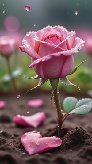  blurred background, a pink rose with 2 leaves sprouting from the soil and covered in dew, vibrant and flawless, (falling petals:1.2),and the petals falling to the ground and formed a heart shape,close-up shot.
photorealistic

