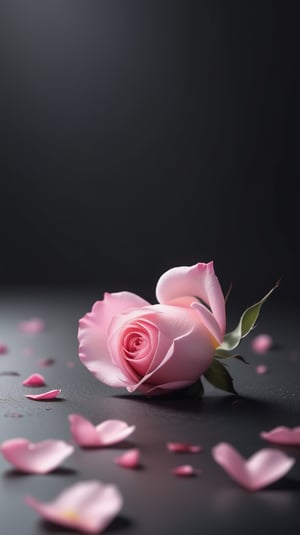 blank pure lightblack backround with one pink blooming rose,(falling petals),blur background, and the petals formed a heart shape on the ground,
photorealistic

