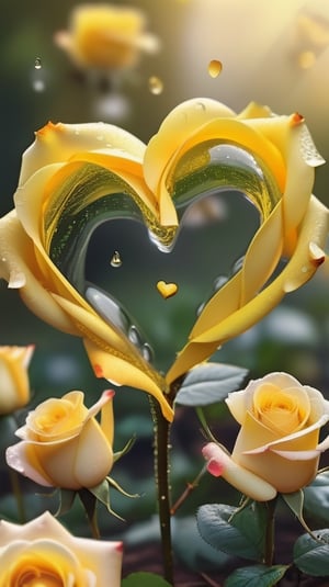yellow blooming roses  ,delicate and voluptuous covered by dew in brigh light,(falling petals),(blur background),and the petals formed a lovely heart on the ground,
photorealistic

