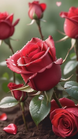 red roses and buds with two larger leaves growing from the soil,delicate and voluptuous covered by dew in soft brigh light,(falling petals),(blur background),and the petals formed a lovely heart on the ground,

realistic,photo_(medium),photorealistic

