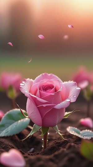  blurred background, a pink rose with 2 leaves sprouting from the soil and covered in dew, vibrant and flawless, (falling petals :1.2), petals falling to the ground and formed a heart shape,distant sunrise,close-up shot.
photorealistic

