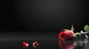 blank pure lightblack backround with one  red blooming rose,the petals are falling on the ground,with a thin root system,
photorealistic，

