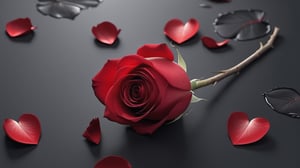 blank pure lightblack backround with one  red blooming rose,the petals are falling, and there are many petals formed a love heart on the ground,with a thin root system,
photorealistic，

