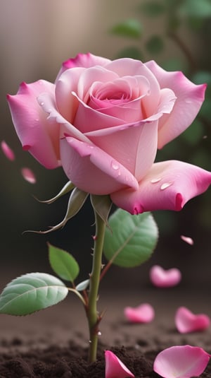 a pink rose with two leaves sprouting from the soil, vibrant and flawless, the background blurred, (falling petals:1.2),and the petals falling to the ground to form a heart shape
photorealistic

