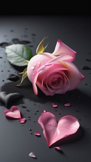 blank pure lightblack backround with one pink blooming rose,(the petals are falling), and there are many petals makd up a love heart on the ground,with a thin root system,
photorealistic

