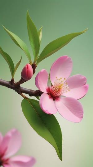 a peach tree branch with one pink flower and one bud, simple pure blank background,colorful, high contrast, detailed flower petals, green leaves, soft natural lighting, delicate and intricate branches, vibrant and saturated colors, high resolution,realistic,masterfully captured,macro detail beautiful 

