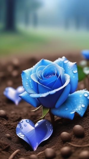 blue blooming roses growing from the soil,delicate and voluptuous covered by dew in soft brigh light,(falling petals),(blur background),and the petals formed a lovely heart on the ground,
photorealistic

