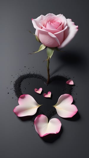 blank pure lightblack backround with one pink blooming rose,(the petals are falling), and there are many petals makd up a love heart on the ground,with a thin root system,
photorealistic

