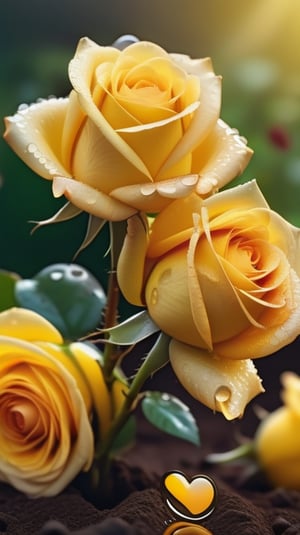 yellow blooming roses grows from the soil,vibrant and dripping with dew in brigh light,(falling petals),(blur background),and the petals formed a lovely heart on the ground,
photorealistic

