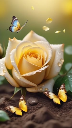 yellow blooming roses growing from the soil,delicate and voluptuous covered by dew in soft brigh light,(falling petals),(blur background),and the petals formed a lovely heart on the ground, little tender butterflies flying around above the roses 
photorealistic

