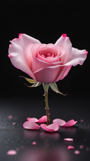 blank pure lightblack backround with one pink blooming rose,(falling petals),blur background, and the petals formed a heart shape on the ground,
photorealistic

