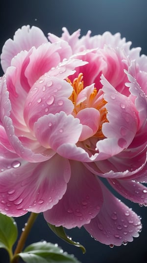 (best quality,8K,highres,masterpiece), ultra-detailed, hyper-realistic image of a dew-covered peony flower at an microscopic level, Capture the intricate details of the flower’s cellular structure, the delicate interplay of light and shadow on its vibrant petals, and the glistening droplets of morning dew clinging to the fine hairs,The background should be a soft, out-of-focus green that suggests the natural environment without detracting from the flower’s stunning details, Emphasize the contrast between the flower’s soft textures and the sharp clarity of the water droplets.