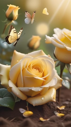 yellow blooming roses growing from the soil,delicate and voluptuous covered by dew in soft brigh light,(falling petals),(blur background),and the petals formed a lovely heart on the ground, little tender butterflies flying around above the roses 
photorealistic

