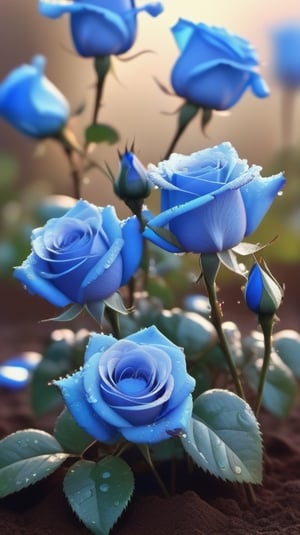 blue blooming roses growing from the soil,delicate and voluptuous covered by dew in soft brigh light,(falling petals),(blur background),and the petals formed a lovely heart on the ground,
photorealistic

