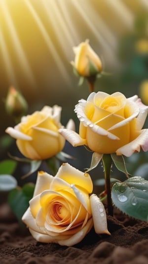 yellow blooming roses grows from the soil,delicate and voluptuous covered by dew in brigh light,(falling petals),(blur background),and the petals formed a lovely heart on the ground,
photorealistic

