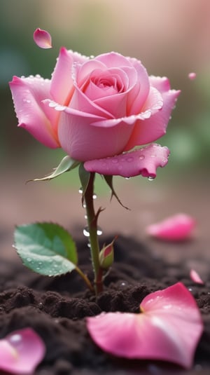  blurred background, a pink rose with 2 leaves sprouting from the soil and covered in dew, vibrant and flawless, (falling petals:1.2),and the petals falling to the ground and formed a heart shape,close-up shot.
photorealistic

