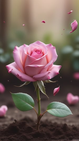 blurred background, a pink rose with 2 leaves sprouting from the soil, vibrant and flawless, (falling petals:1.2),and the petals falling to the ground and formed a heart shape
photorealistic

