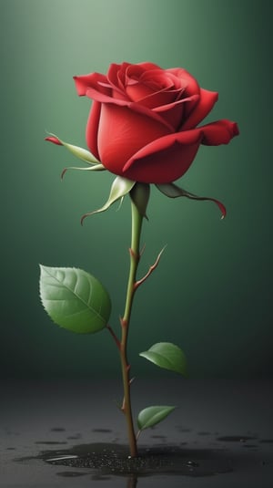 blank pure green backround with one  red blooming rose,beautiful and lustful,the petals are falling on the ground,with a thin root system,
photorealistic，

