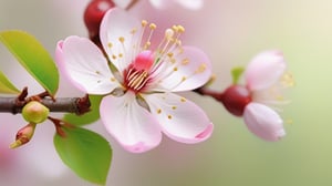 tender crabapple flower and buds,
very closeup, a cherry tree branch with flowers, flat white background, sharp focus, colorful, high contrast, detailed flower petals, fresh green leaves, soft natural lighting, delicate and intricate branches, vibrant and saturated colors, high resolution, realistic, fine textures, exquisite details, realistic 3D rendering, artistic composition, bokeh effect, masterfully captured, visually captivating, visually stunning,macro detail beautiful 

realistic,photo_(medium),photorealistic

