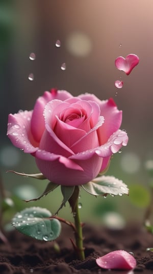  blurred background, a pink rose with 2 leaves sprouting from the soil and covered in dew, vibrant and flawless, (falling petals :1.2), petals falling to the ground and formed a heart shape,close-up shot.
photorealistic

