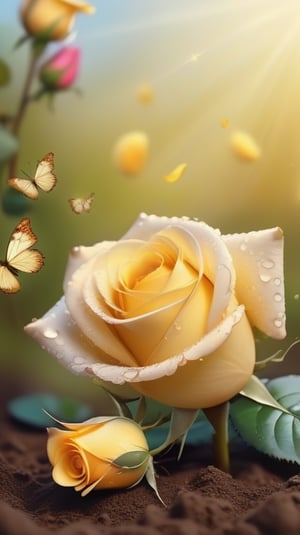 yellow blooming roses growing from the soil,delicate and voluptuous covered by dew in soft brigh light,(falling petals),(blur background),and the petals formed a lovely heart on the ground, little tender butterflies flying around above the roses 
photorealistic

