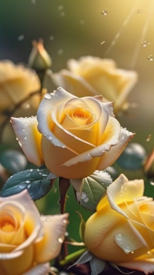 yellow blooming roses  ,delicate and voluptuous covered by dew in brigh light,(falling petals),(blur background),and the petals formed a lovely heart on the ground,
photorealistic

