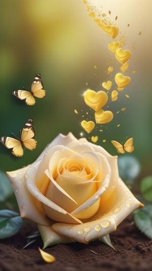 yellow blooming roses growing from the soil,delicate and voluptuous covered by dew in soft brigh light,(falling petals),(blur background),and the petals formed a lovely heart on the ground, little tender butterflies flying around above the roses 
photorealistic

