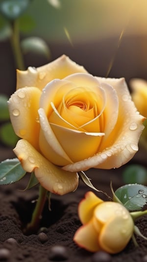 yellow blooming roses growing from the soil,delicate and voluptuous covered by dew in soft brigh light,(falling petals),(blur background),and the petals formed a lovely heart on the ground,

realistic,photo_(medium),photorealistic

