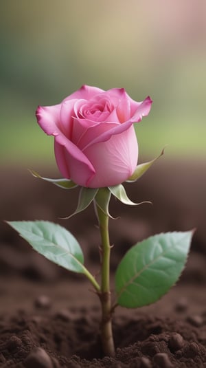 a pink rose with two leaves sprouting from the soil, vibrant and flawless, the background blurred, and the petals falling to the ground to form a heart shape
photorealistic

