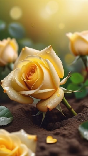 yellow blooming roses grows from the soil,delicate and voluptuous covered by dew in brigh light,(falling petals),(blur background),and the petals formed a lovely heart on the ground,
photorealistic

