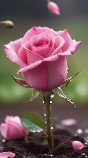  blurred background, a pink rose with 2 leaves sprouting from the soil and covered in dew, vibrant and flawless, (falling petals:1.2),and the petals falling to the ground and formed a heart shape,close-up shot.
photorealistic

