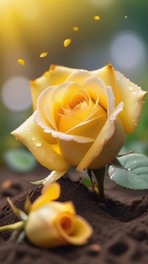 yellow blooming roses grows from the soil,delicate and voluptuous covered by dew in brigh light,(falling petals),(blur background),and the petals formed a lovely heart on the ground,
photorealistic

