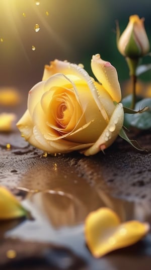 yellow blooming roses grows from the soil,delicate and voluptuous covered by dew in brigh light,(falling petals),(blur background),and the petals formed a lovely heart on the ground,
photorealistic

