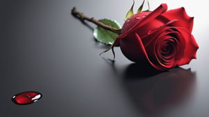 blank pure lightblack backround with one  red blooming rose,the petals are falling on the ground,with a thin root system,
photorealistic，

