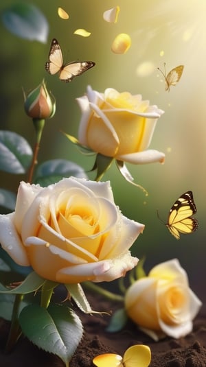 yellow blooming roses growing from the soil,delicate and voluptuous covered by dew in soft brigh light,(falling petals),(blur background),and the petals formed a lovely heart on the ground, little tender butterflies flying around above the roses 
photorealistic

