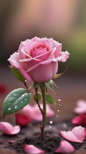  blurred background, a pink rose with 2 leaves sprouting from the soil and covered in dew, vibrant and flawless, (falling petals:1.2),and the petals falling to the ground and formed a heart shape,close-up shot.
photorealistic

