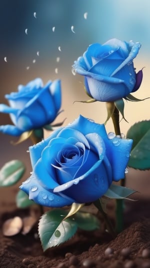 blue blooming roses growing from the soil,delicate and voluptuous covered by dew in soft brigh light,(falling petals),(blur background),and the petals formed a lovely heart on the ground,
photorealistic

