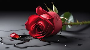 blank pure lightblack backround with one  red blooming rose,beautiful and lustful,the petals are falling on the ground,with a thin root system,
photorealistic，

