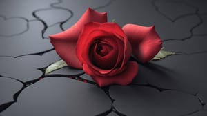 blank pure lightblack backround with one  red blooming rose,the petals are falling, and there are many petals formed a love heart on the ground,with a thin root system,
photorealistic，

