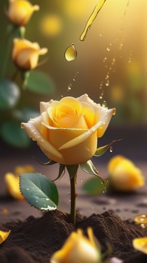 yellow blooming roses grows from the soil,vibrant and dripping with dew in brigh light,(falling petals),(blur background),and the petals formed a lovely heart on the ground,
photorealistic

