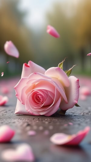 one pink blooming rose,(falling petals),blur background, and the petals formed a heart shape on the ground,
photorealistic

