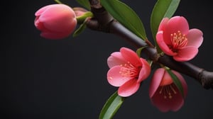 a peach tree branch with red flowers and buds, simple lightblack background, close up,sharp focus, colorful, high contrast, detailed flower petals, fresh green leaves, soft natural lighting, delicate and intricate branches, vibrant and saturated colors, high resolution,realistic,masterfully captured,macro detail beautiful 

