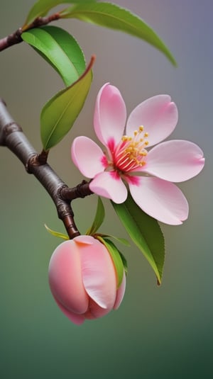 a peach tree branch with one pink flower and one bud, simple pure blank background,colorful, high contrast, detailed flower petals, green leaves, soft natural lighting, delicate and intricate branches, vibrant and saturated colors, high resolution,realistic,masterfully captured,macro detail beautiful 

